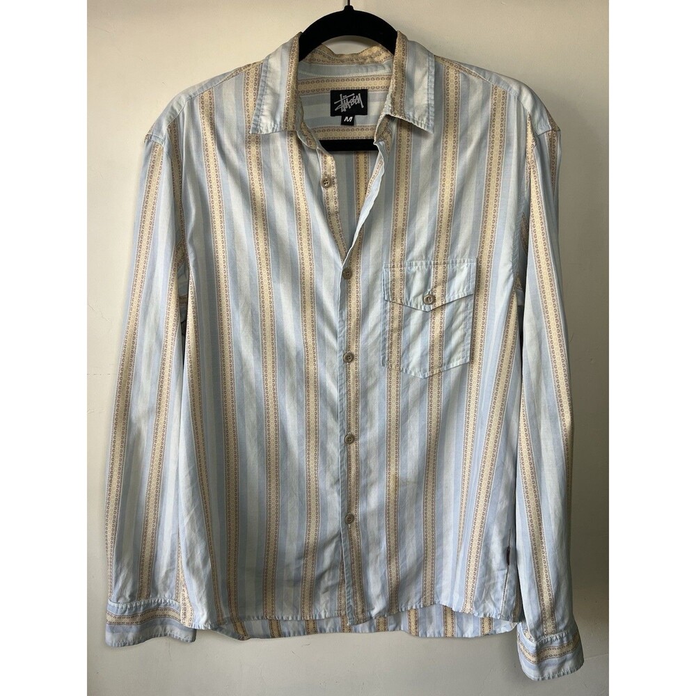 Vintage Stussy Cotton Blue Yellow Striped Long Sleeve Button-Up Shirt Men Medium
